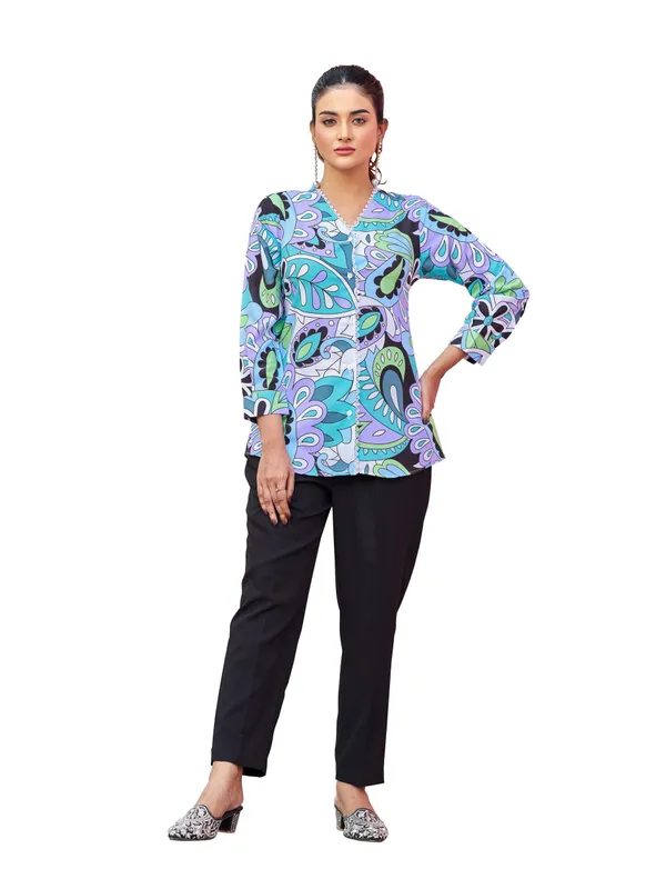 Multicolor_Viscose_Rayon_V-Neck_Three-Quarter_Sleeves_Printed_Co-Ords_For_Women