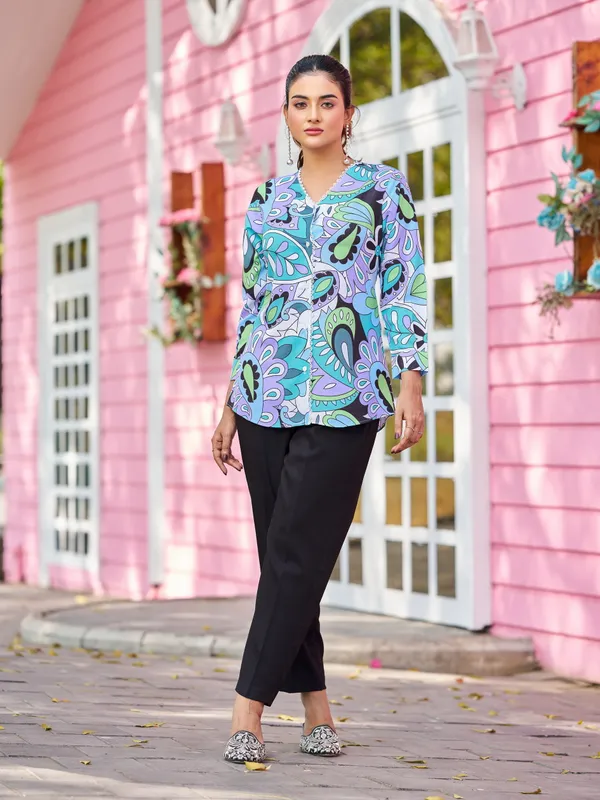 Multicolor_Viscose_Rayon_V-Neck_Three-Quarter_Sleeves_Printed_Co-Ords_For_Women