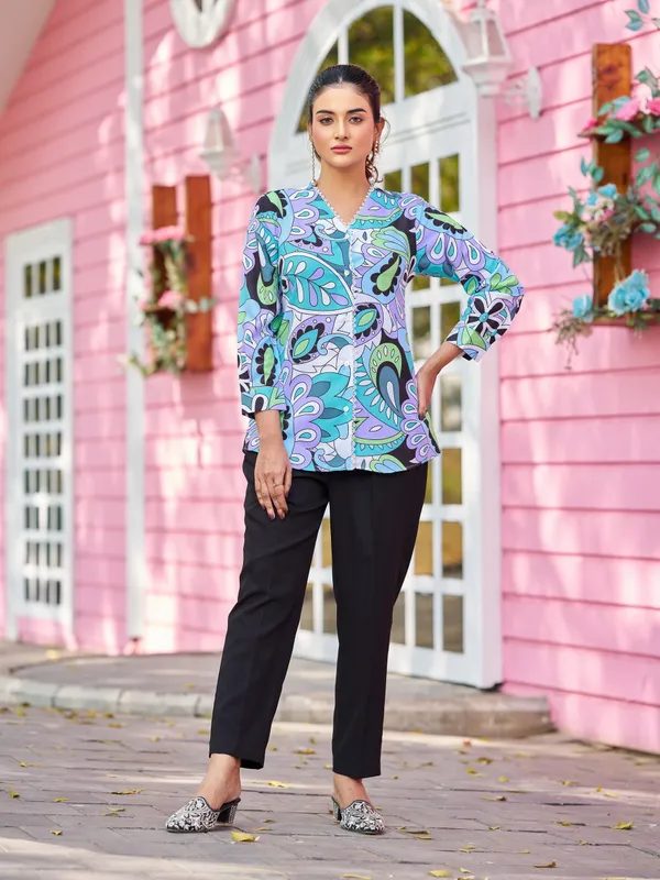 Multicolor_Viscose_Rayon_V-Neck_Three-Quarter_Sleeves_Printed_Co-Ords_For_Women