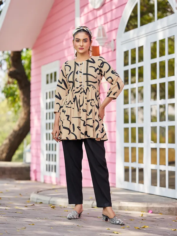 Beige_Silk_Blend_Round_Neck_Three-Quarter_Sleeves_Printed_Co-Ords_For_Women