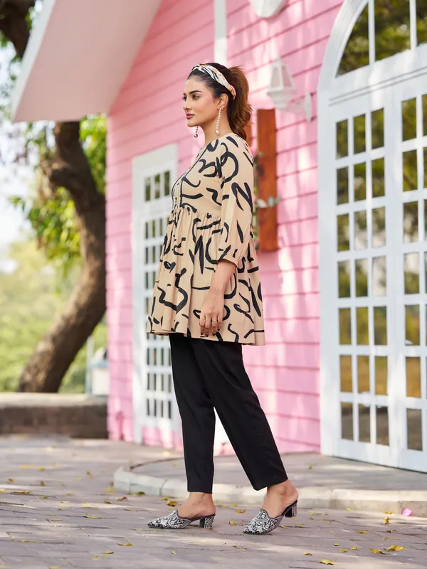Beige_Silk_Blend_Round_Neck_Three-Quarter_Sleeves_Printed_Co-Ords_For_Women