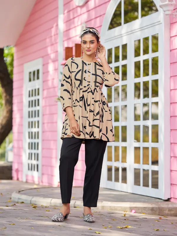 Beige_Silk_Blend_Round_Neck_Three-Quarter_Sleeves_Printed_Co-Ords_For_Women