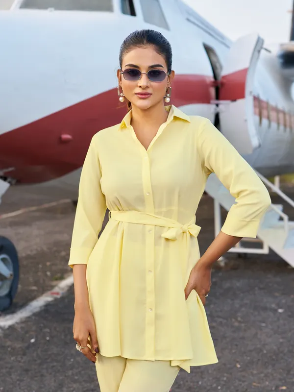 Yellow_Silk_Blend_Shirt_Collar_Three-Quarter_Sleeves_Solid_Co-Ords_For_Women