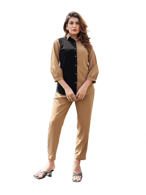 Brown_Pure_Silk_Shirt_Collar_Three-Quarter_Sleeves_Self_Design_Co-Ords_For_Women