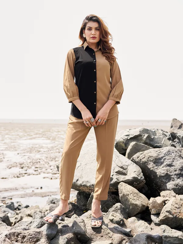 Brown_Pure_Silk_Shirt_Collar_Three-Quarter_Sleeves_Self_Design_Co-Ords_For_Women