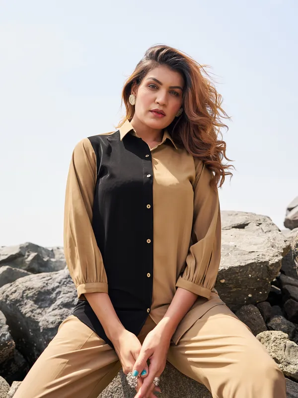 Brown_Pure_Silk_Shirt_Collar_Three-Quarter_Sleeves_Self_Design_Co-Ords_For_Women