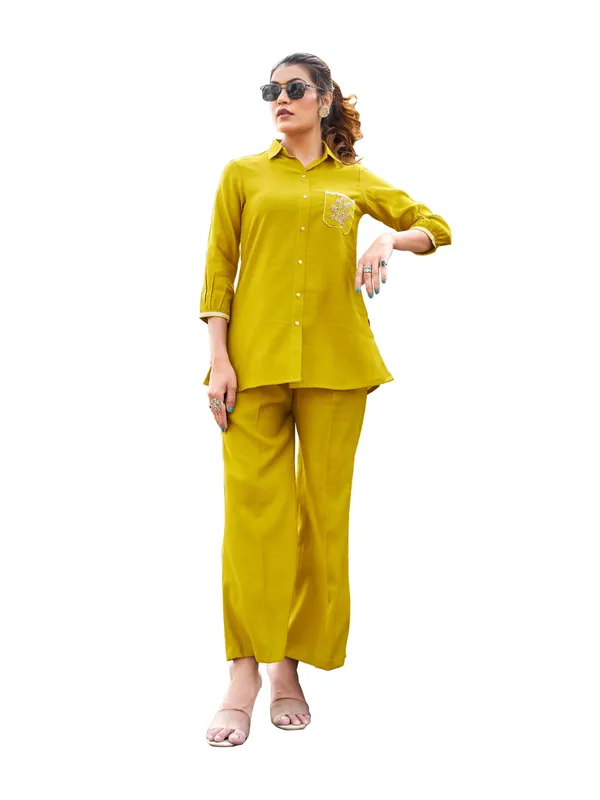 Mustard_Pure_Silk_Shirt_Collar_Three-Quarter_Sleeves_Self_Design_Co-Ords_For_Women