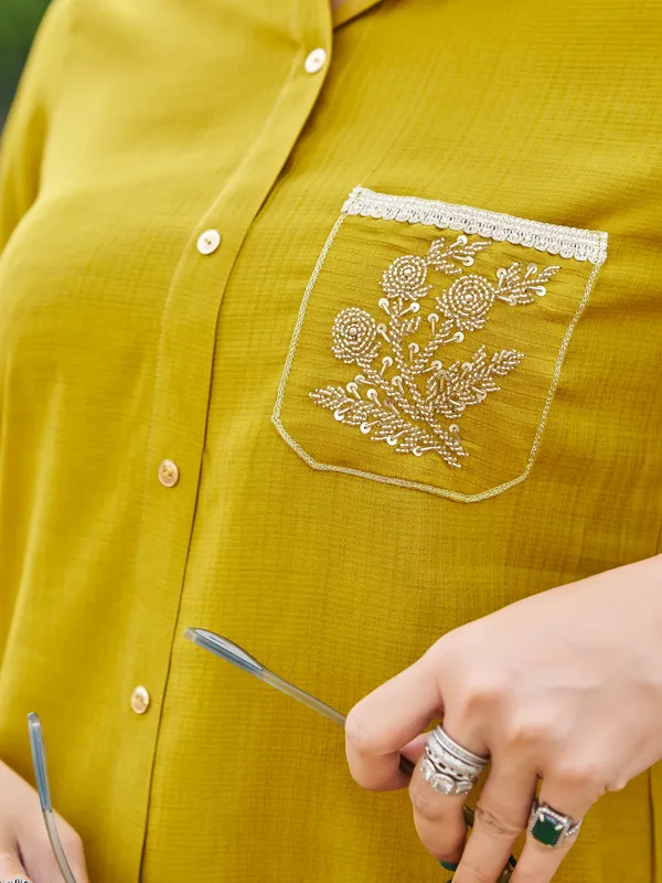 Mustard_Pure_Silk_Shirt_Collar_Three-Quarter_Sleeves_Self_Design_Co-Ords_For_Women