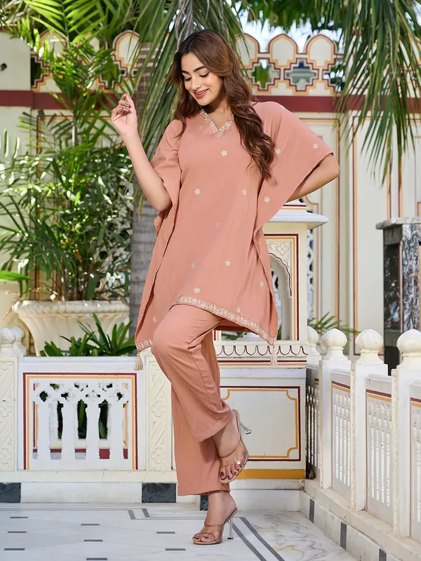 DUSTY_PEACH_Pure_Silk_Pure_Silk_Self_Design_1_Top_:_1_Pant_Co-Ord_Sets_For_Women