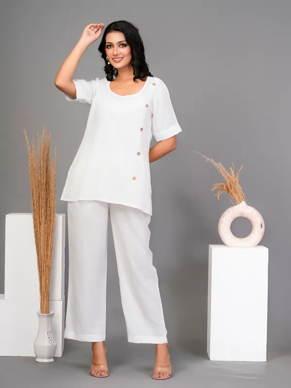 White_Viscose_Rayon_Round_Neck_Three-Quarter_Sleeves_Solid_Co-Ords_For_Women