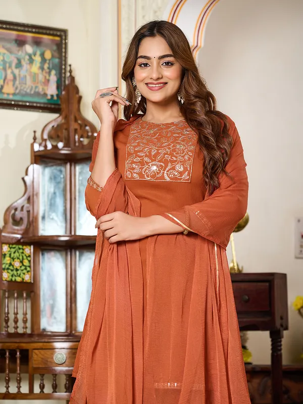 Rust_Pure_Silk_Straight_Calf_Length_Round_Neck_Kurta_Sets_For_Women