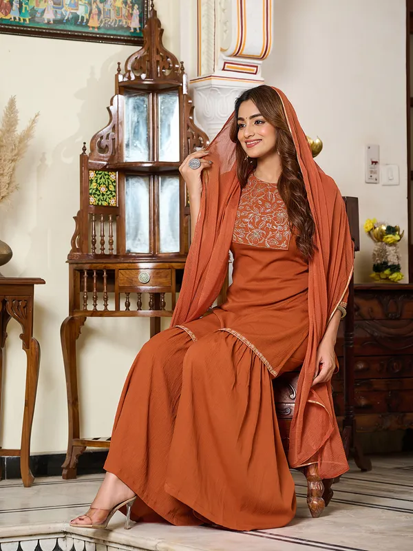 Rust_Pure_Silk_Straight_Calf_Length_Round_Neck_Kurta_Sets_For_Women
