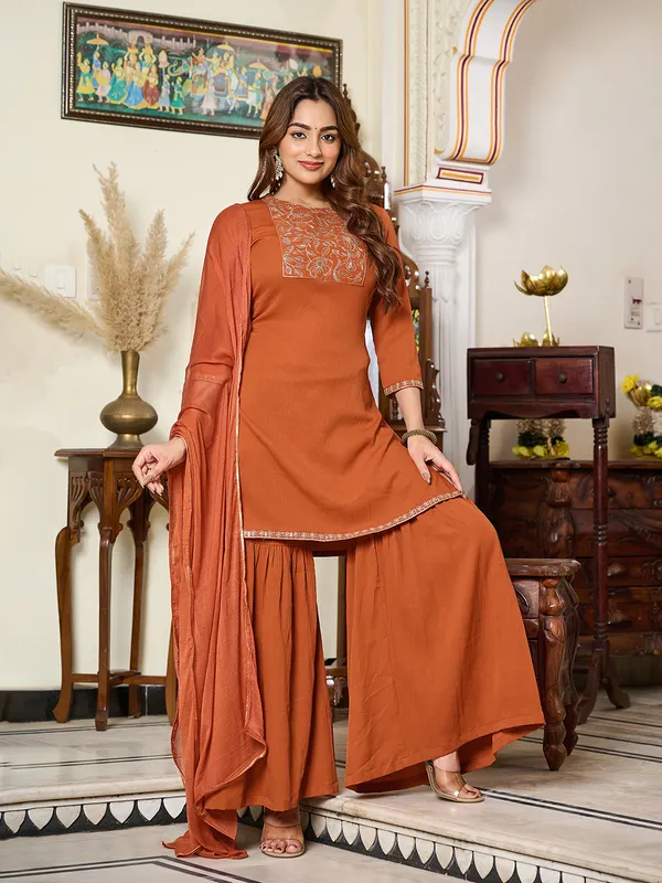 Rust_Pure_Silk_Straight_Calf_Length_Round_Neck_Kurta_Sets_For_Women