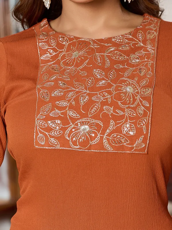 Rust_Pure_Silk_Straight_Calf_Length_Round_Neck_Kurta_Sets_For_Women