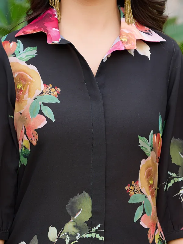 Black_Silk_Blend_Shirt_Collar_Three-Quarter_Sleeves_Printed_Trending_Co-Ords_For_Women