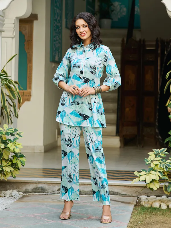Blue_Silk_Blend_Shirt_Collar_Three-Quarter_Sleeves_Printed_Co-Ords_For_Women