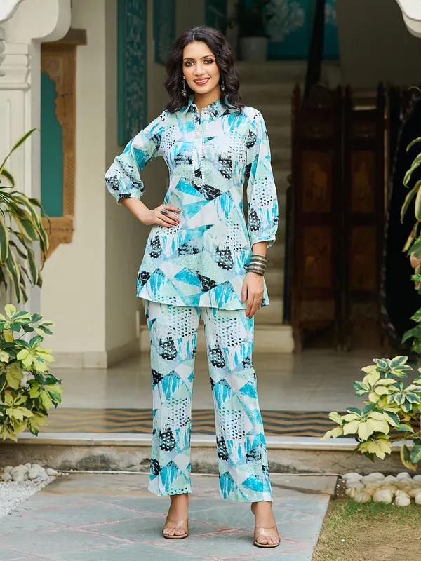 Blue_Silk_Blend_Shirt_Collar_Three-Quarter_Sleeves_Printed_Co-Ords_For_Women