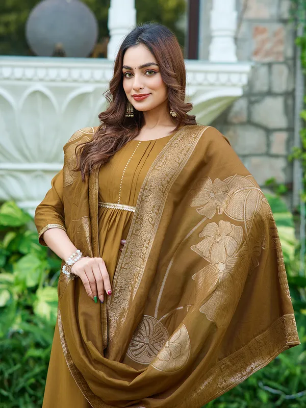 Brown_Silk_Blend_Straight_Calf_Length_Round_Neck_Kurta_Sets_For_Women