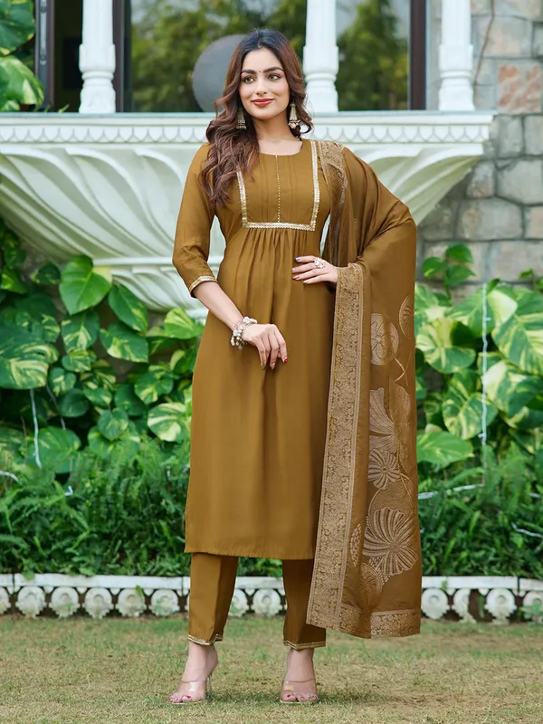 Brown_Silk_Blend_Straight_Calf_Length_Round_Neck_Kurta_Sets_For_Women