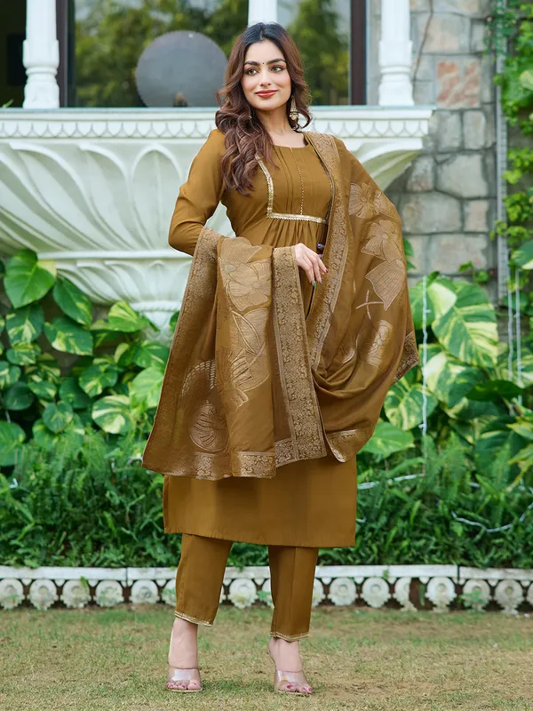 Brown_Silk_Blend_Straight_Calf_Length_Round_Neck_Kurta_Sets_For_Women