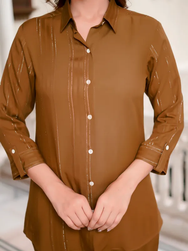 BROWN_Viscose_Rayon_Viscose_Rayon_Self_Design_1_Top_:_1_Pant_Co-Ord_Sets_For_Women