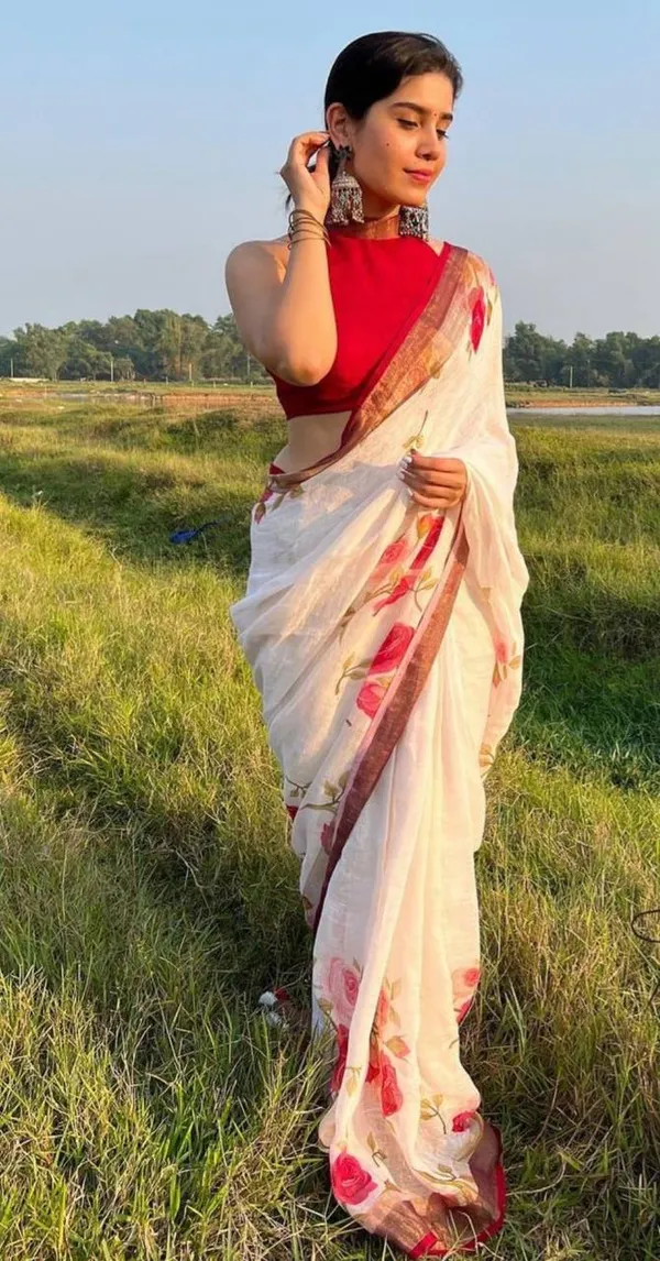 White_&_Maroon_Premium_Soft_linen_Cotton_Saree_For_Women