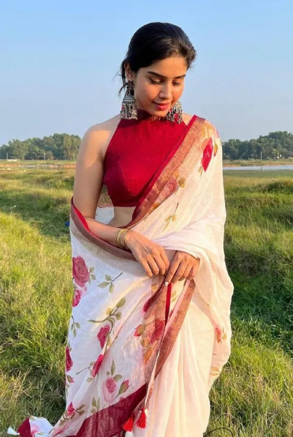 White_&_Maroon_Premium_Soft_linen_Cotton_Saree_For_Women