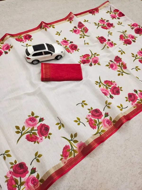 White_&_Maroon_Premium_Soft_linen_Cotton_Saree_For_Women