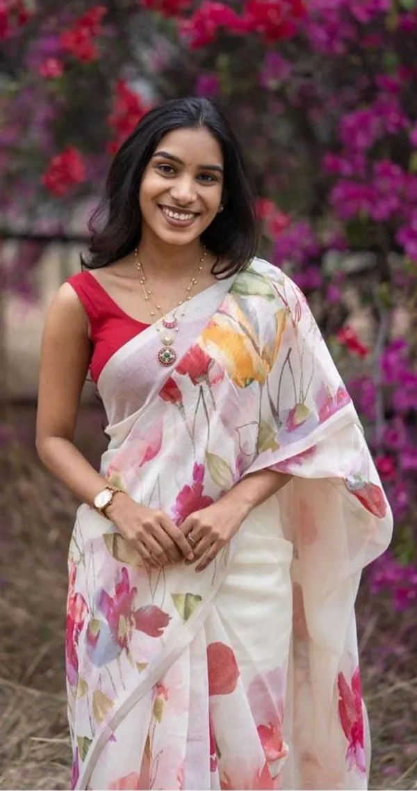 White_&_Red_Premium_Soft_linen_Cotton_Saree_For_Women
