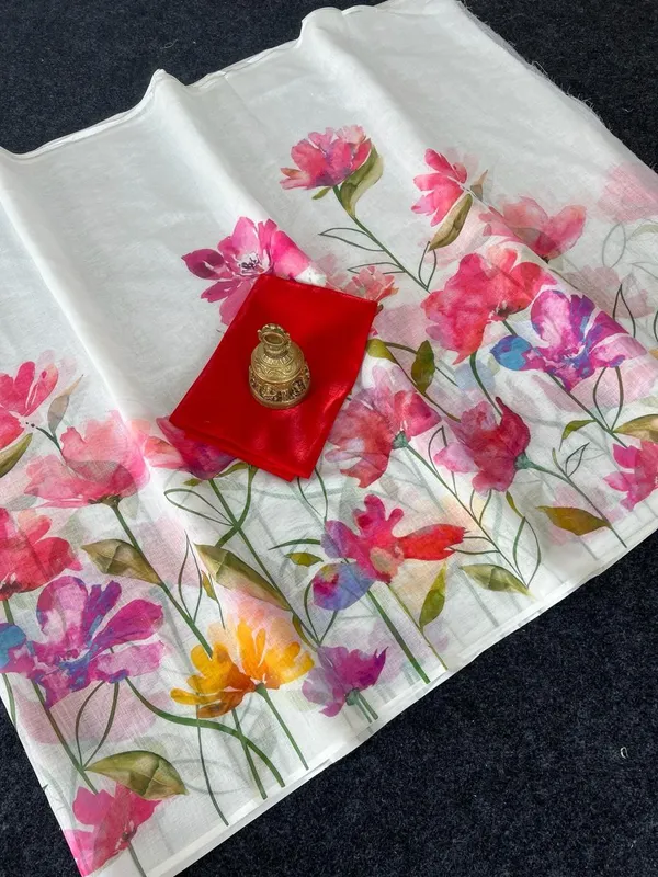White_&_Red_Premium_Soft_linen_Cotton_Saree_For_Women