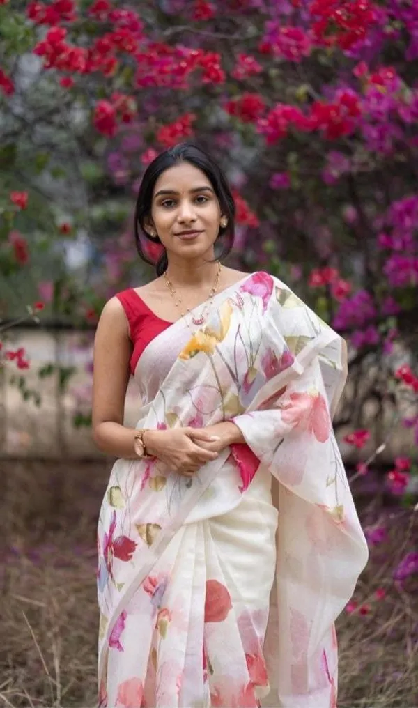 White_&_Red_Premium_Soft_linen_Cotton_Saree_For_Women