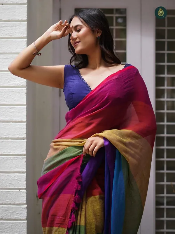 Linenza Saree Multicolour Premium Linen Cotton Saree With Blouse For ...