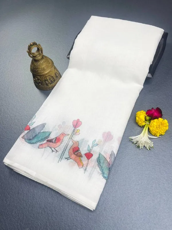 White_&_Leafy_green_Premium_Linen_Cotton_Saree_With_Blouse_For_Women