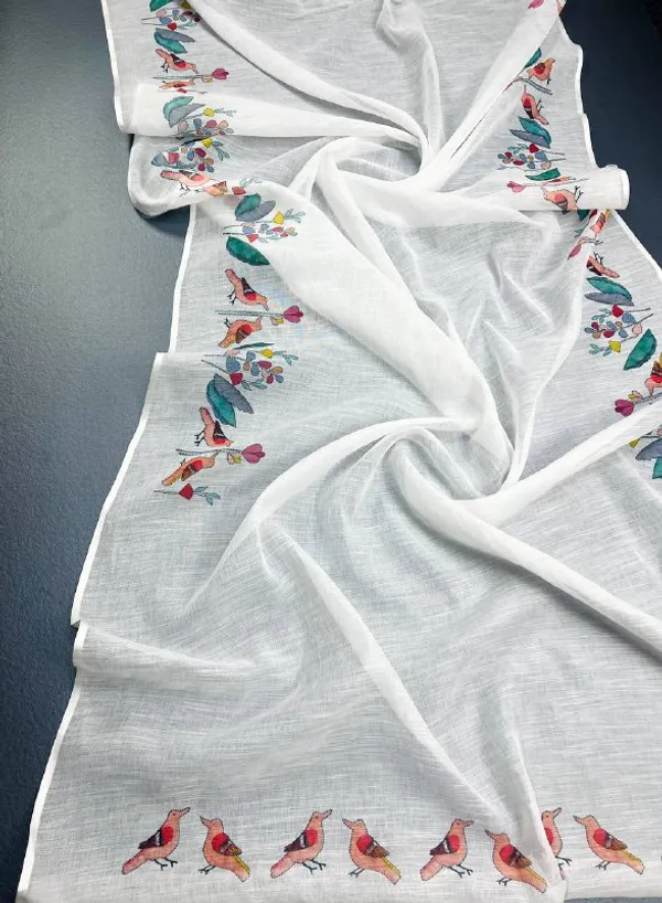 White_&_Leafy_green_Premium_Linen_Cotton_Saree_With_Blouse_For_Women
