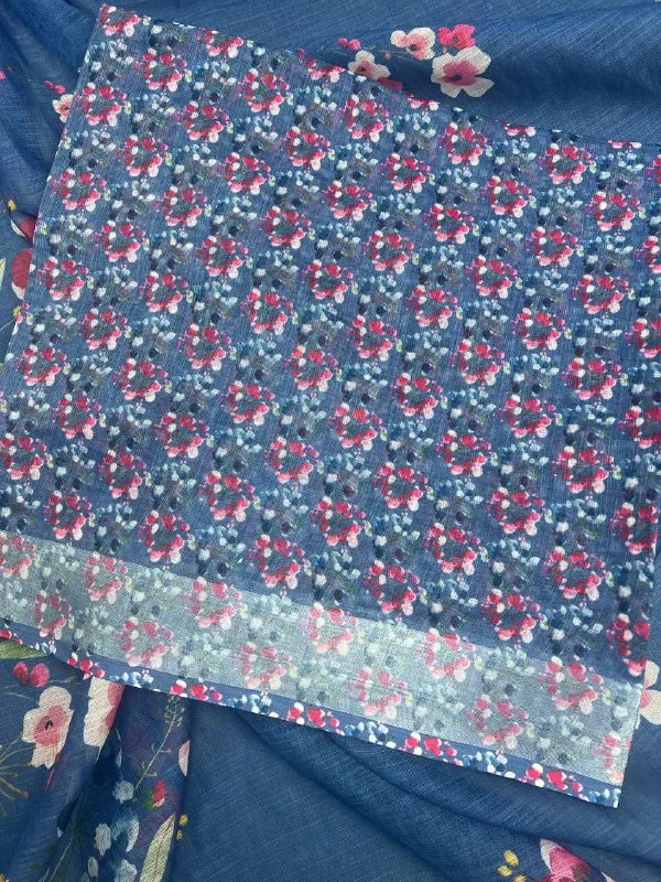 Dark_Blue_Premium_Linen_Cotton_Saree_With_Silver_Zari_Border_With_Blouse_For_Women