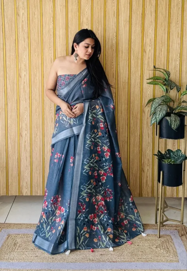 Dark_Blue_Premium_Linen_Cotton_Saree_With_Silver_Zari_Border_With_Blouse_For_Women