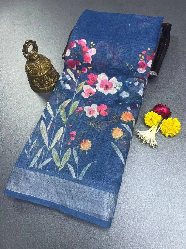 Dark_Blue_Premium_Linen_Cotton_Saree_With_Silver_Zari_Border_With_Blouse_For_Women