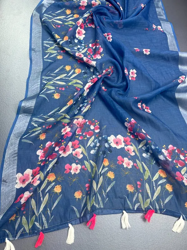 Dark_Blue_Premium_Linen_Cotton_Saree_With_Silver_Zari_Border_With_Blouse_For_Women