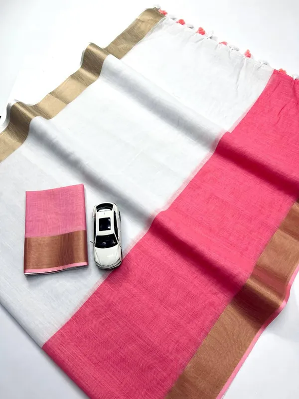 PEACH_&_WHITE_Colour__soft_linen_cotton_saree_With_Gold_Jari_Border