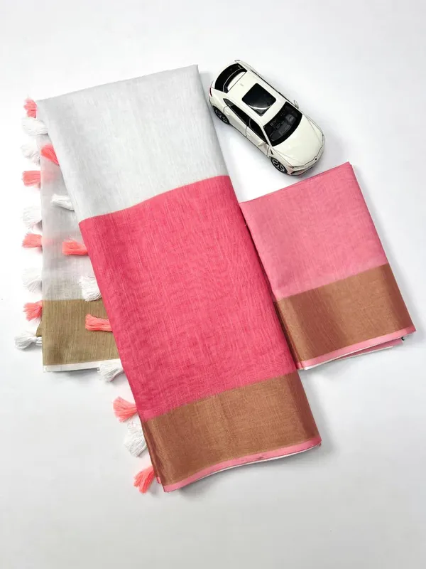PEACH_&_WHITE_Colour__soft_linen_cotton_saree_With_Gold_Jari_Border