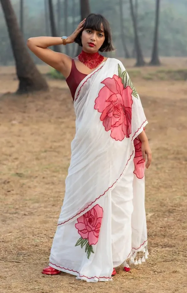 White_&_Red_Premium_Soft_linen_Cotton_Saree_For_Women