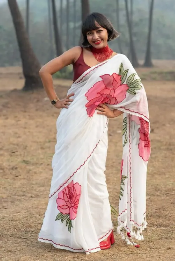 White_&_Red_Premium_Soft_linen_Cotton_Saree_For_Women