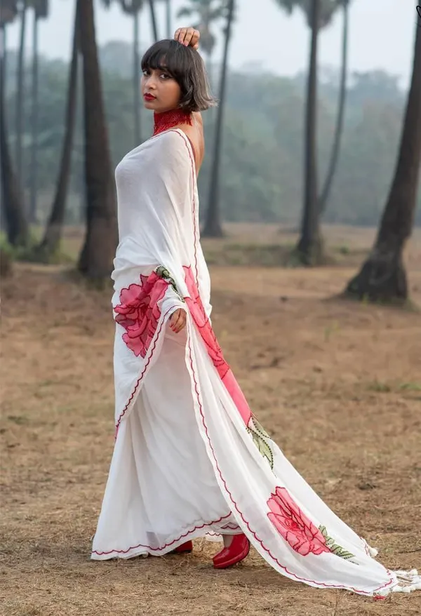 White_&_Red_Premium_Soft_linen_Cotton_Saree_For_Women