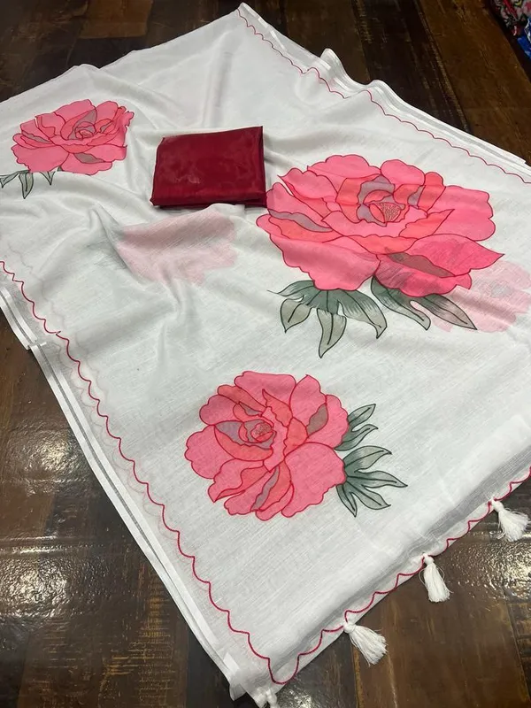 White_&_Red_Premium_Soft_linen_Cotton_Saree_For_Women