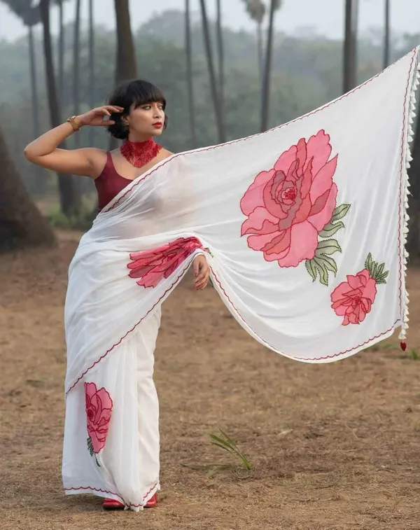 White_&_Red_Premium_Soft_linen_Cotton_Saree_For_Women