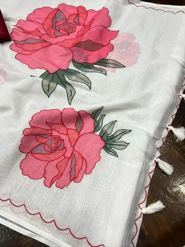 White_&_Red_Premium_Soft_linen_Cotton_Saree_For_Women