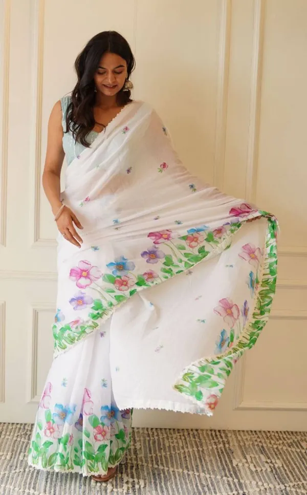 White_Premium_Soft_linen_Cotton_Saree_For_Women