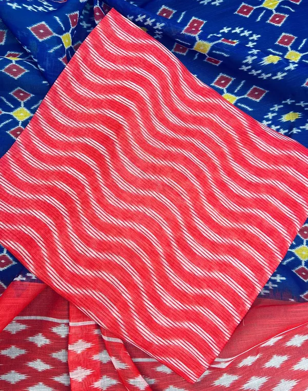 Dark_Blue_&_Red_Premium_Linen_Cotton_Saree_With_Blouse_For_Women