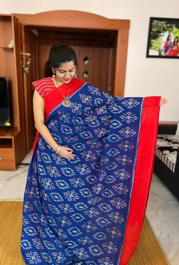 Dark_Blue_&_Red_Premium_Linen_Cotton_Saree_With_Blouse_For_Women