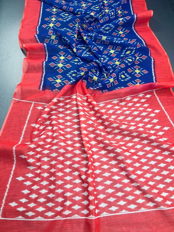 Dark_Blue_&_Red_Premium_Linen_Cotton_Saree_With_Blouse_For_Women